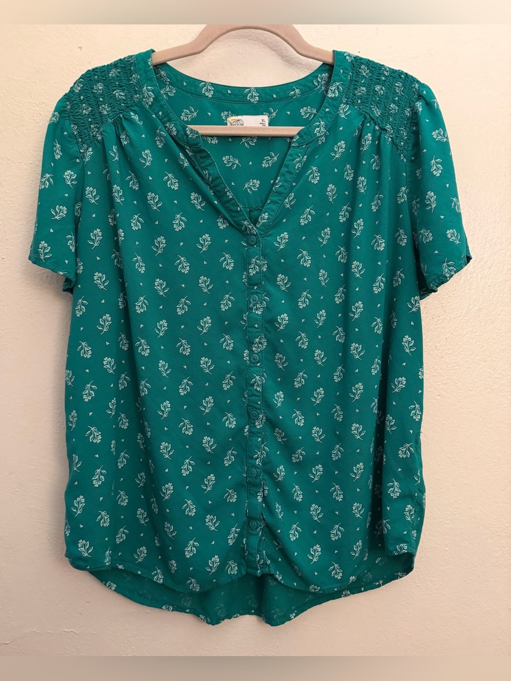 Croft & Barrow Teal Floral Button-Front Blouse, size Large